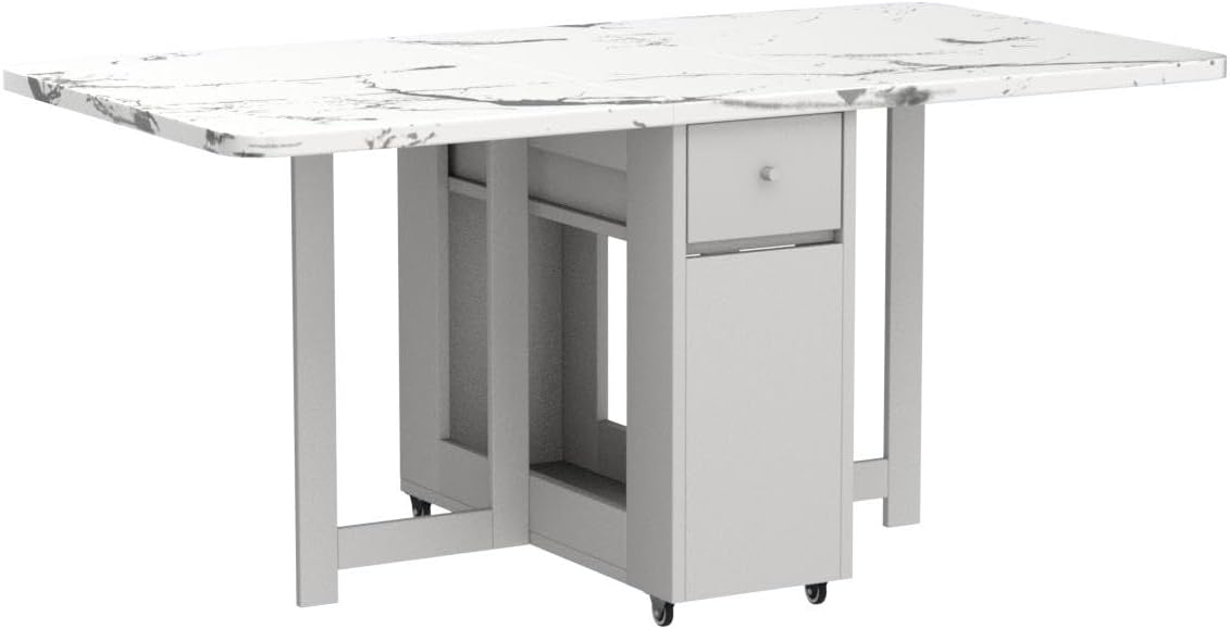 White Wheeled Drop Leaf Dining Table
