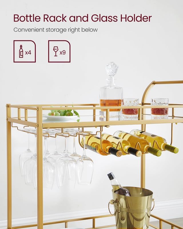 Gold Mirrored Rolling Wine Bar Cart