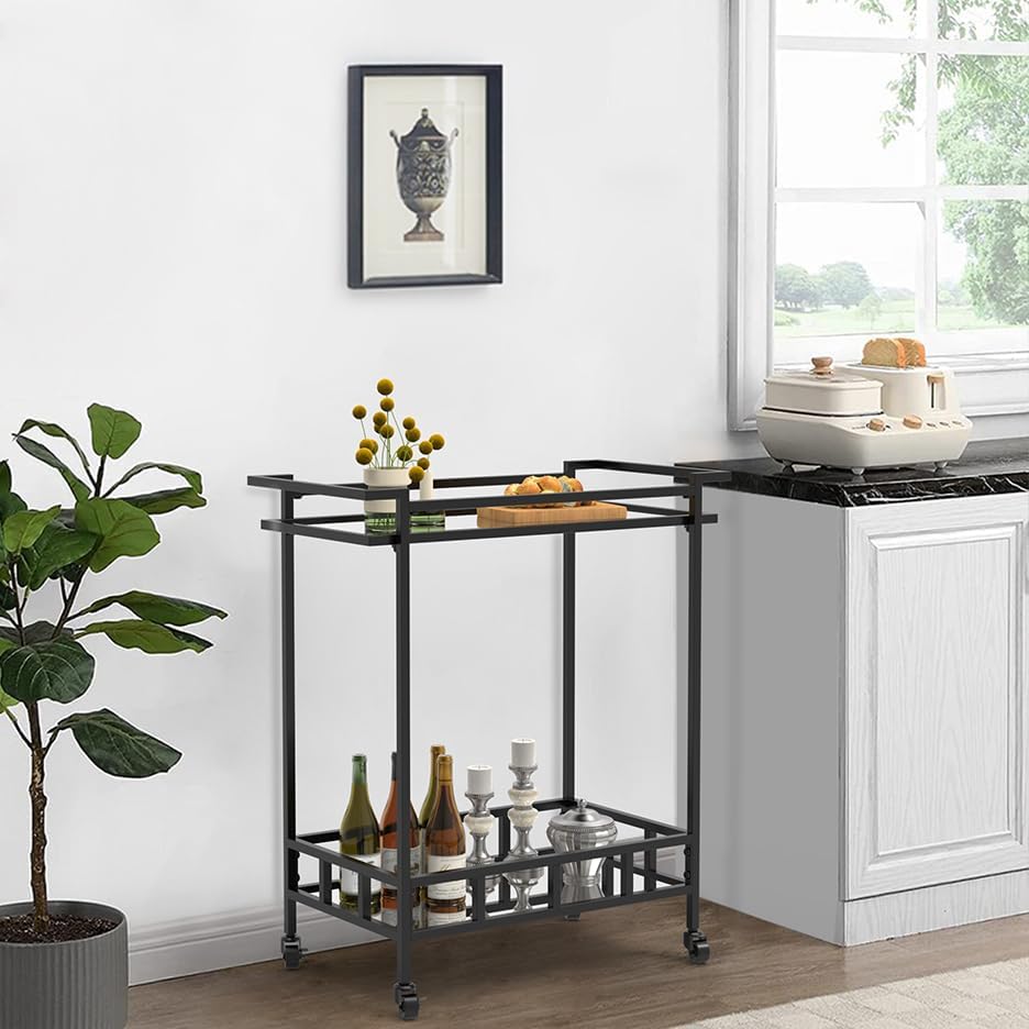 Black Glass Rolling Wine Bar Cart