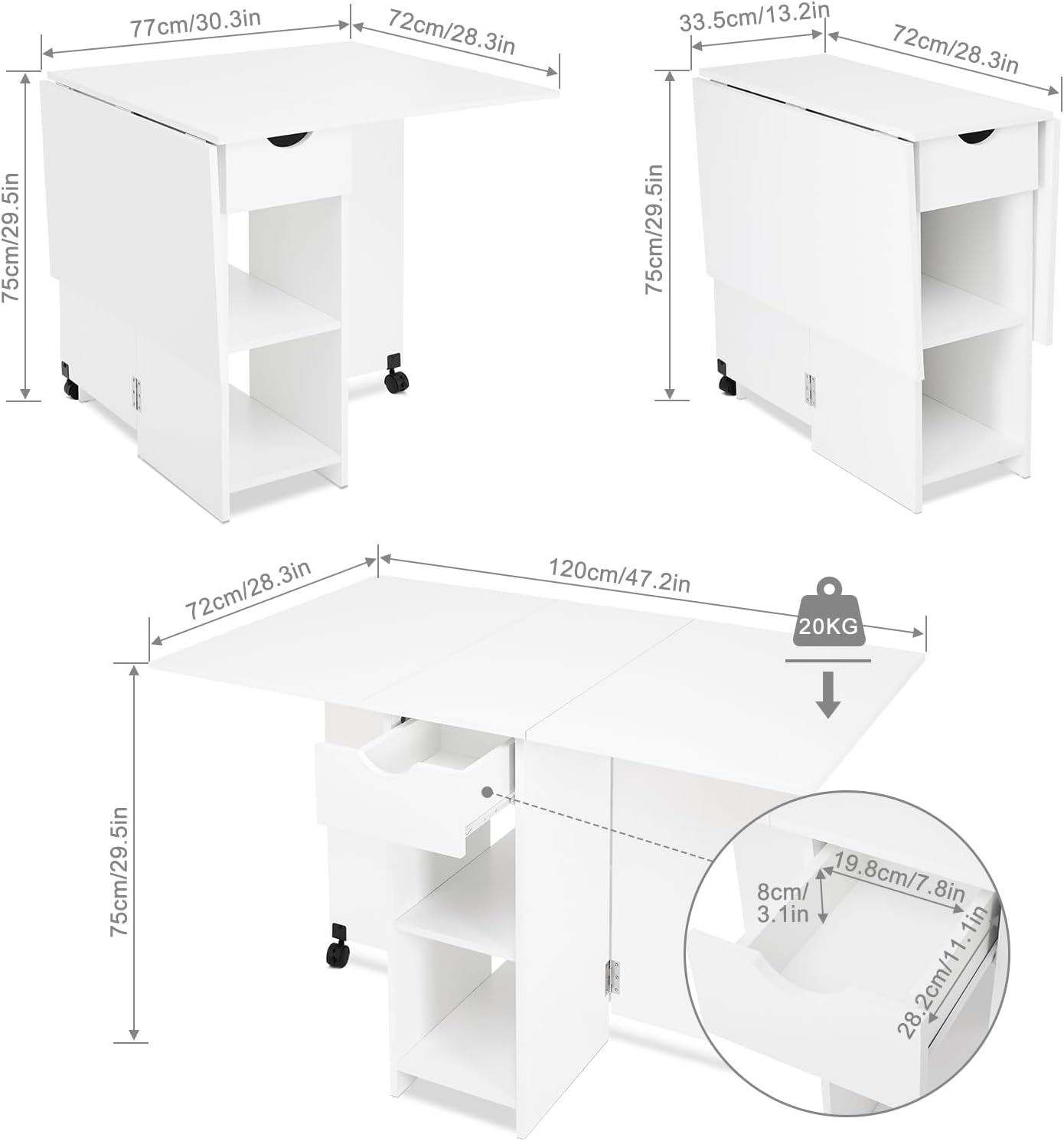 White Storage Drop Leaf Dining Table