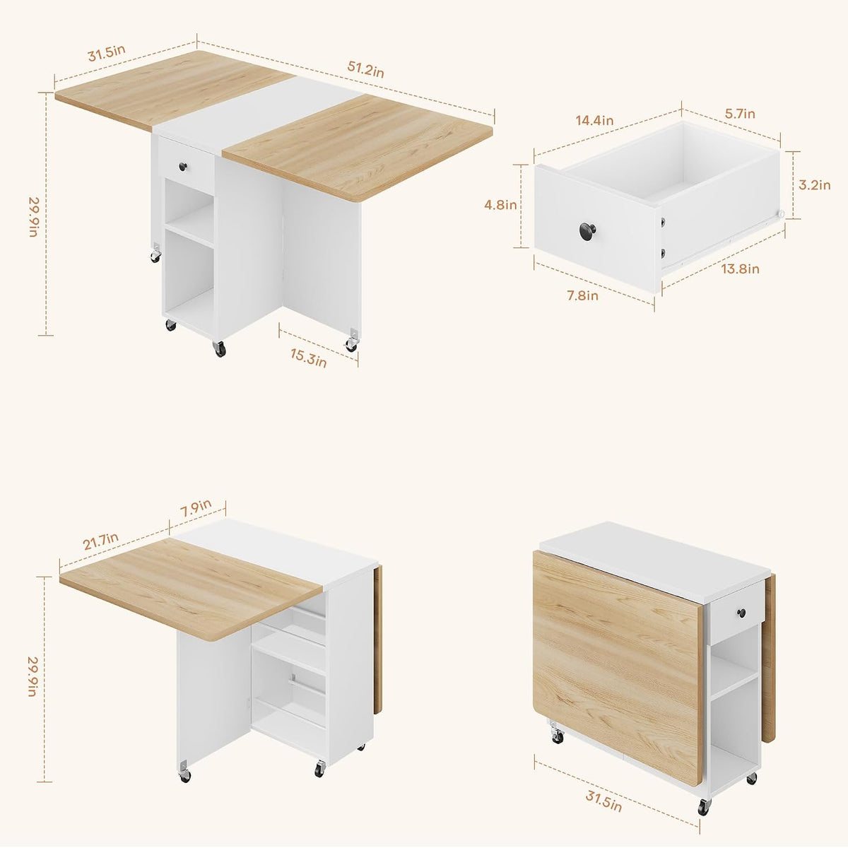 Natural Wheeled Storage Dining Table
