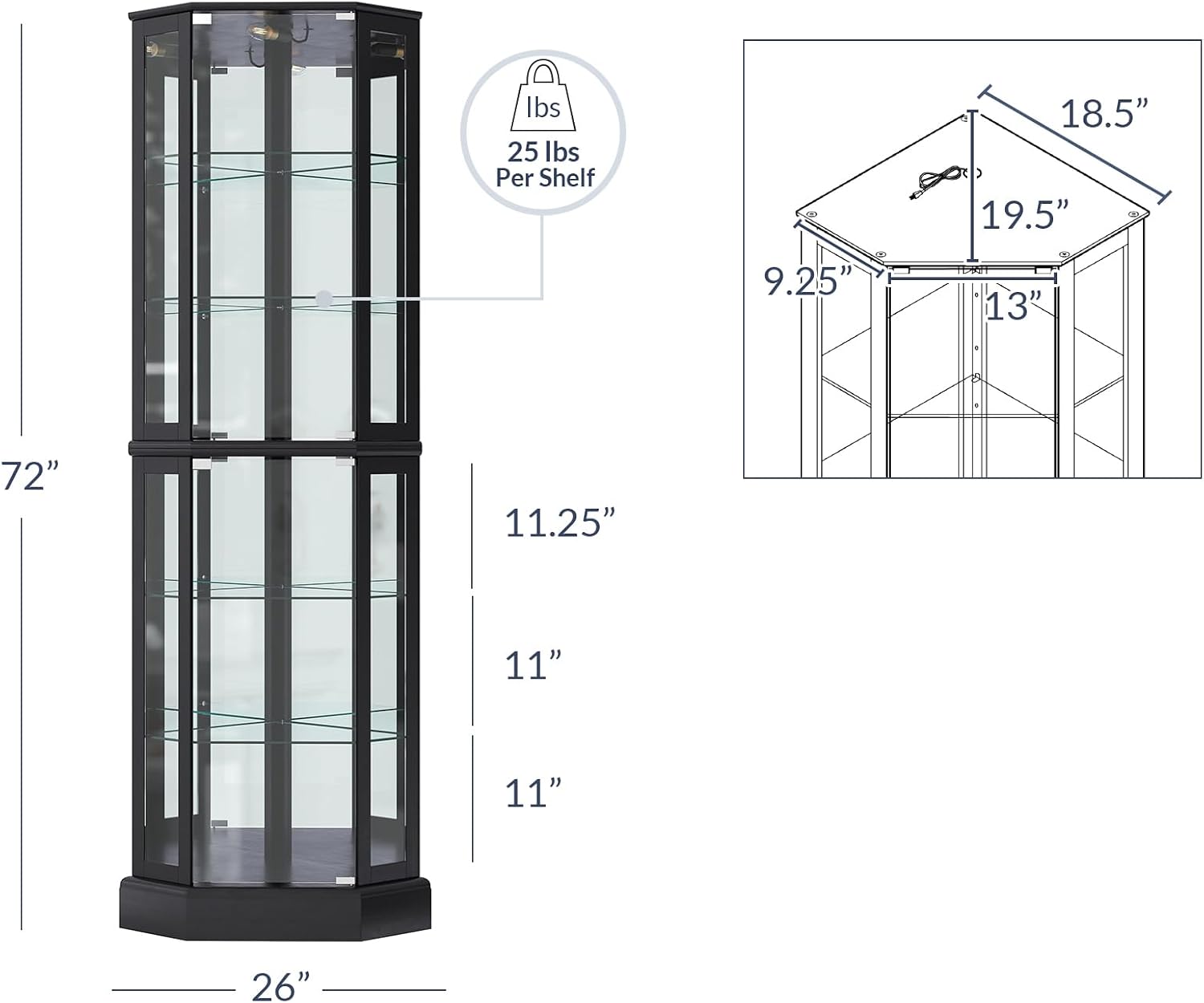 Black Lit Curved Glass Corner Cabinet