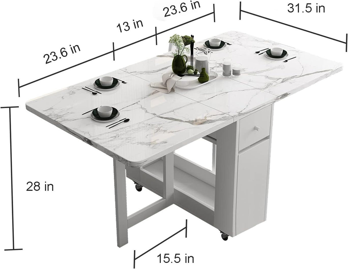 White Wheeled Drop Leaf Dining Table