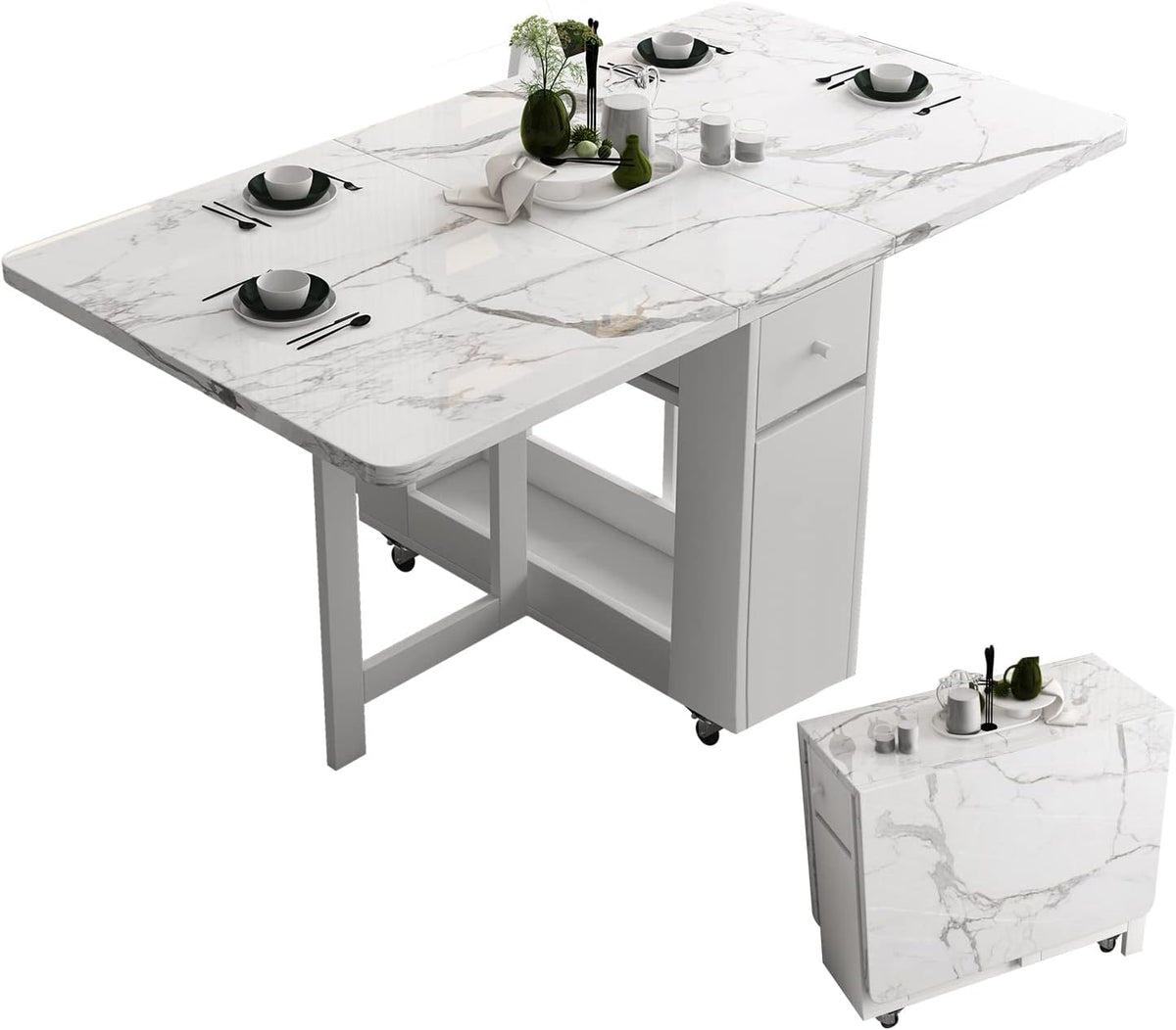 White Wheeled Drop Leaf Dining Table
