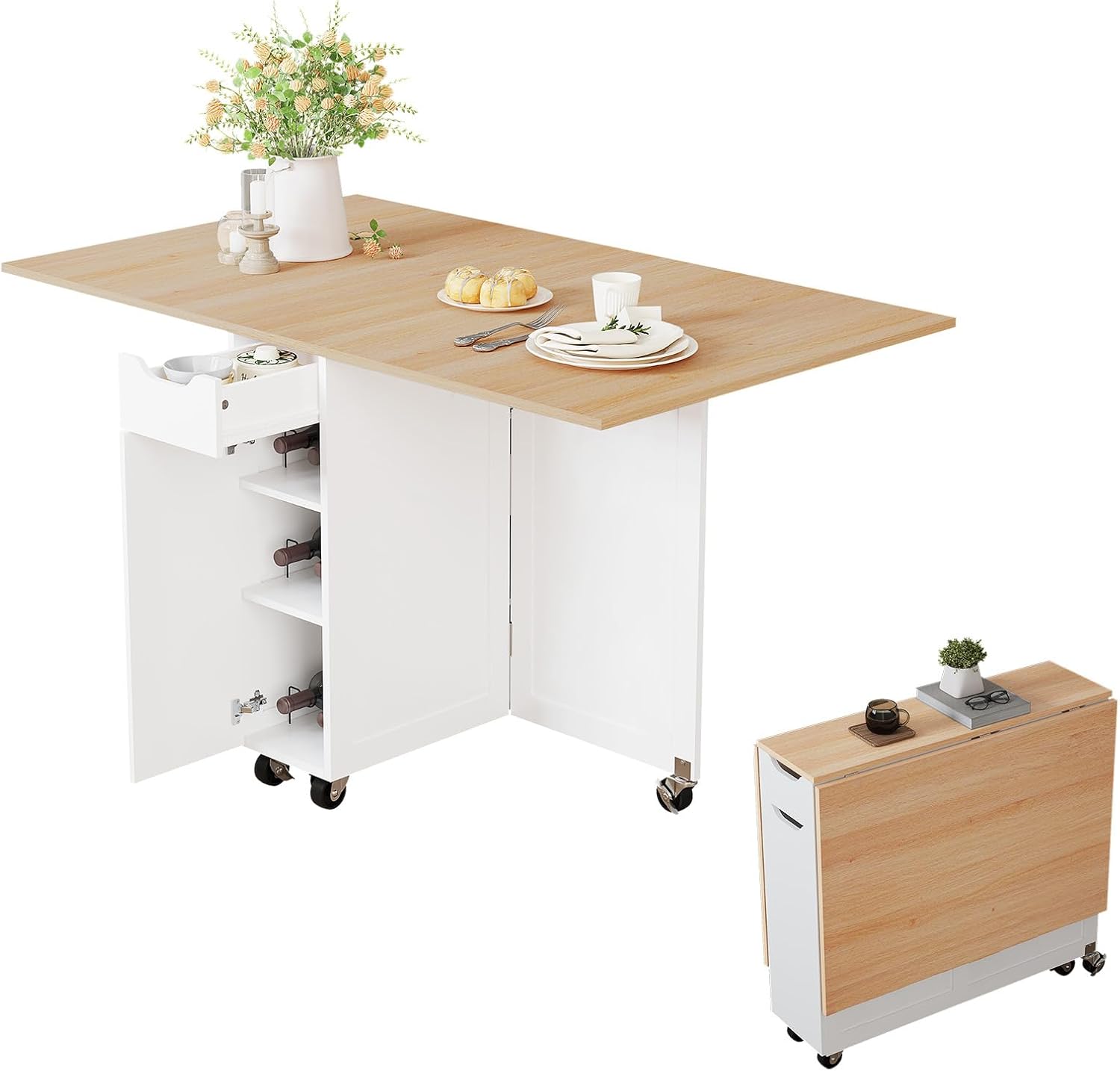 Light Brown Wheeled Storage Dining Table