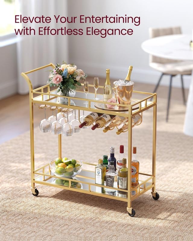 Gold Mirrored Rolling Wine Bar Cart