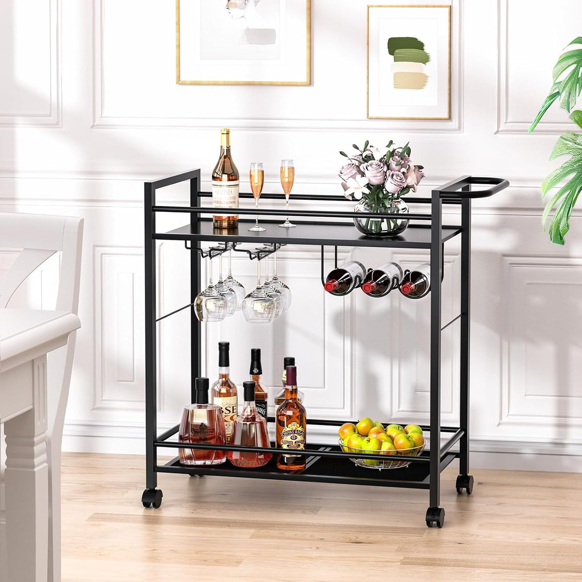Black 2-Tier Rolling Bar Serving Cart