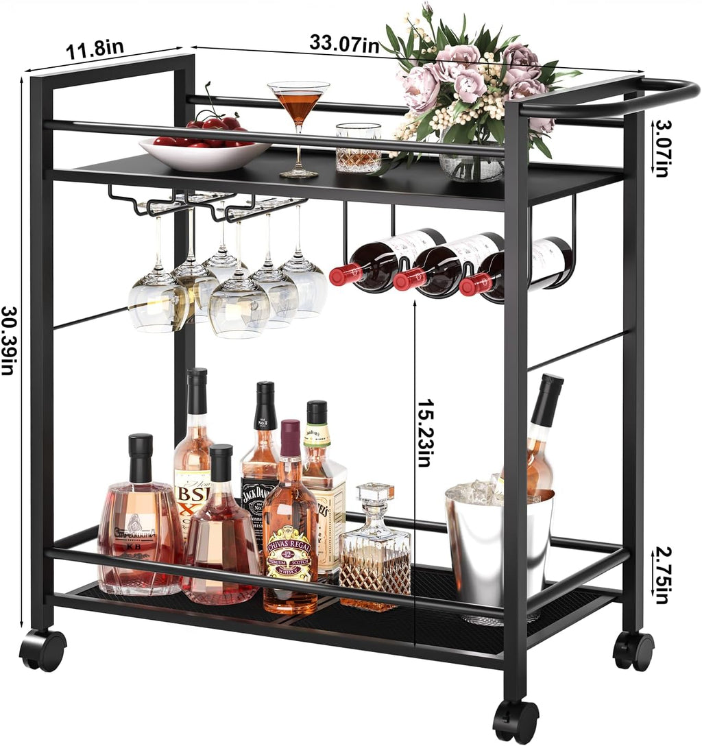 Black 2-Tier Rolling Bar Serving Cart