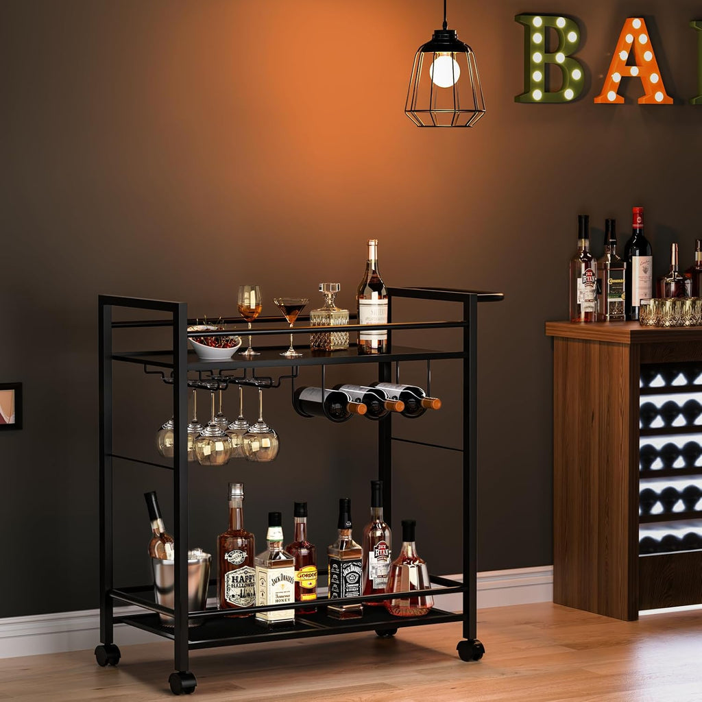 Black 2-Tier Rolling Bar Serving Cart