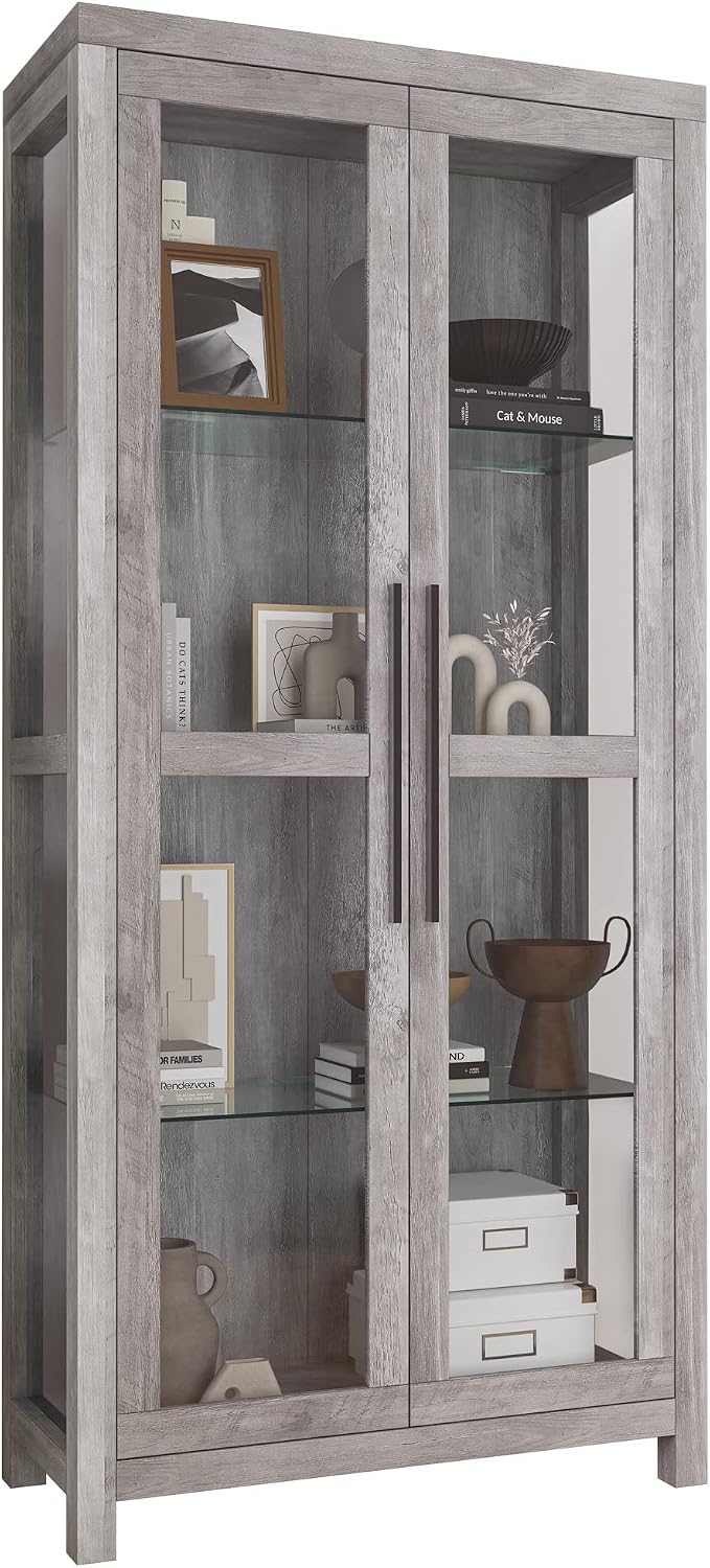 Gray Wash Tall Glass Curio Cabinet