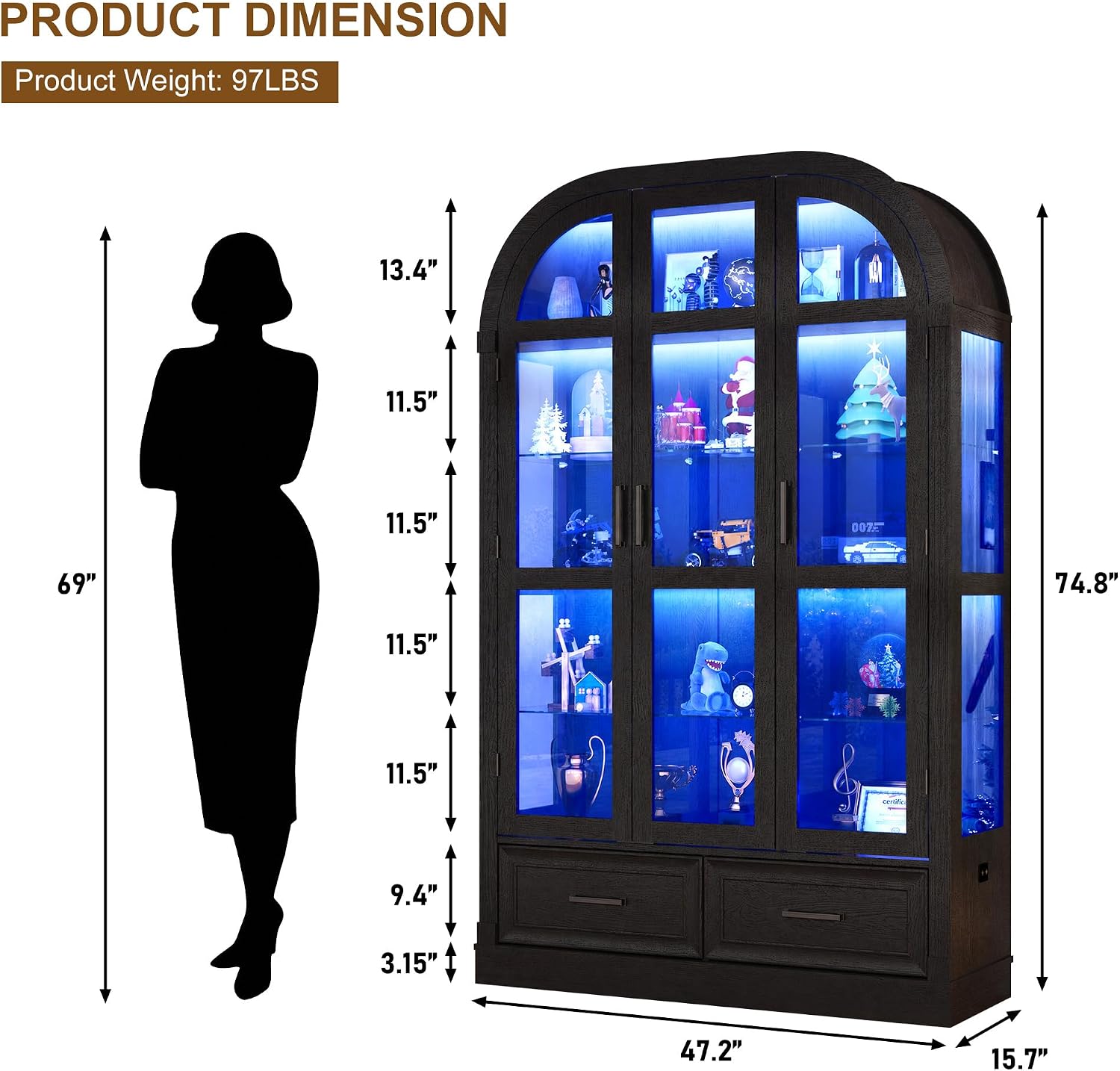 Black Lit Arched Glass Display Cabinet