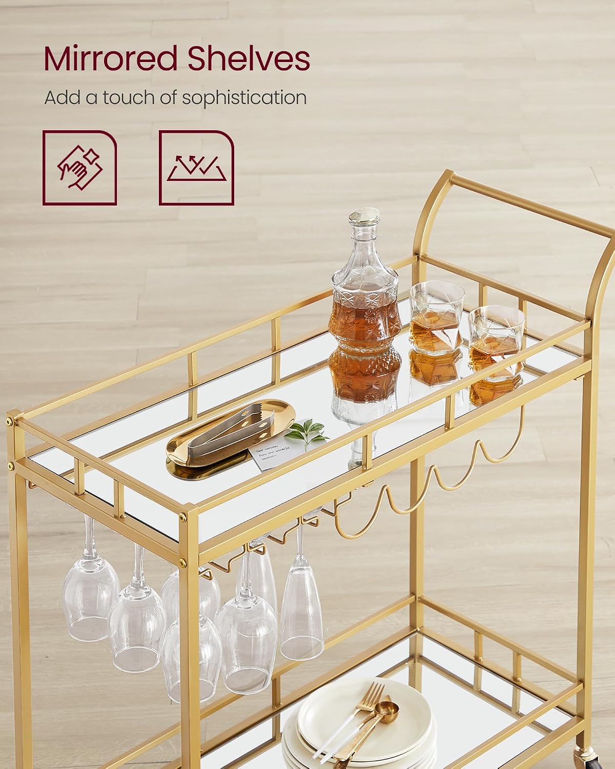 Gold Mirrored Rolling Wine Bar Cart
