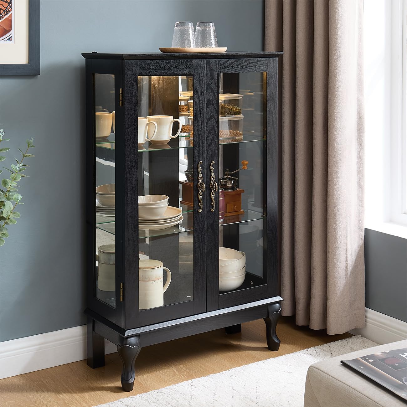 Black Lit Glass Display Curio Cabinet