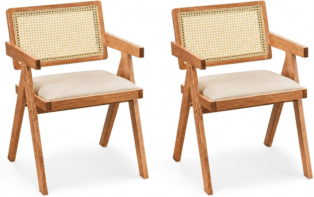 Wood Rattan Cushioned Arm Dining Chairs