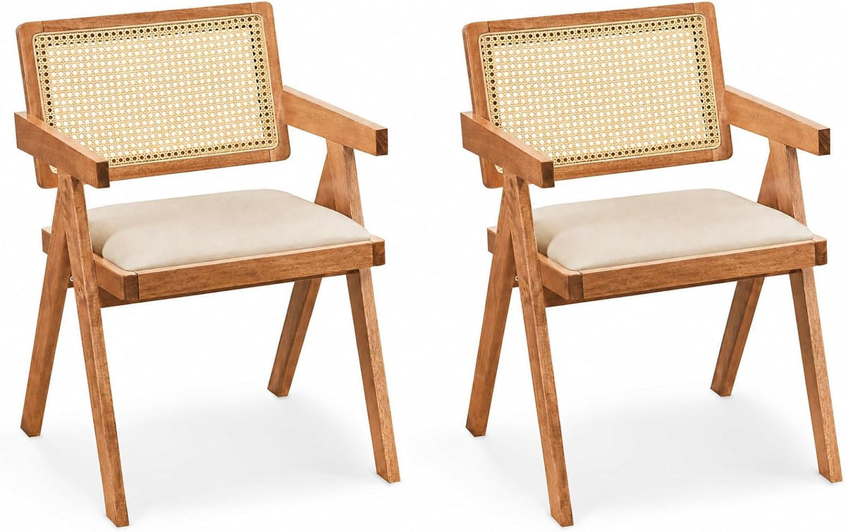 Wood Rattan Cushioned Arm Dining Chairs