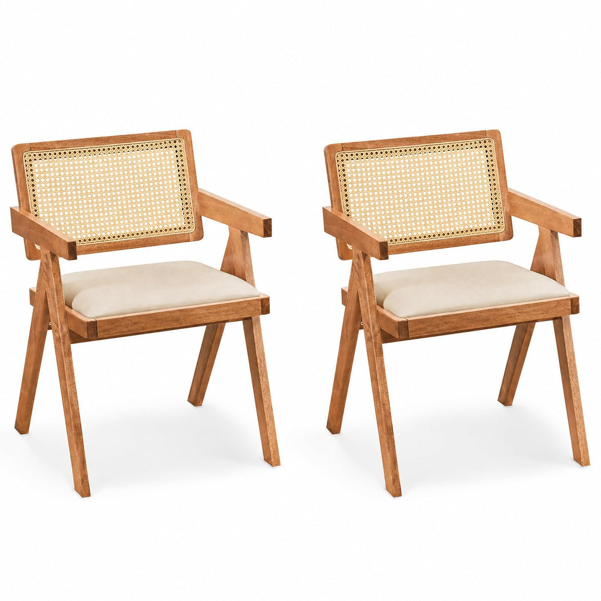 Wood Rattan Cushioned Arm Dining Chairs