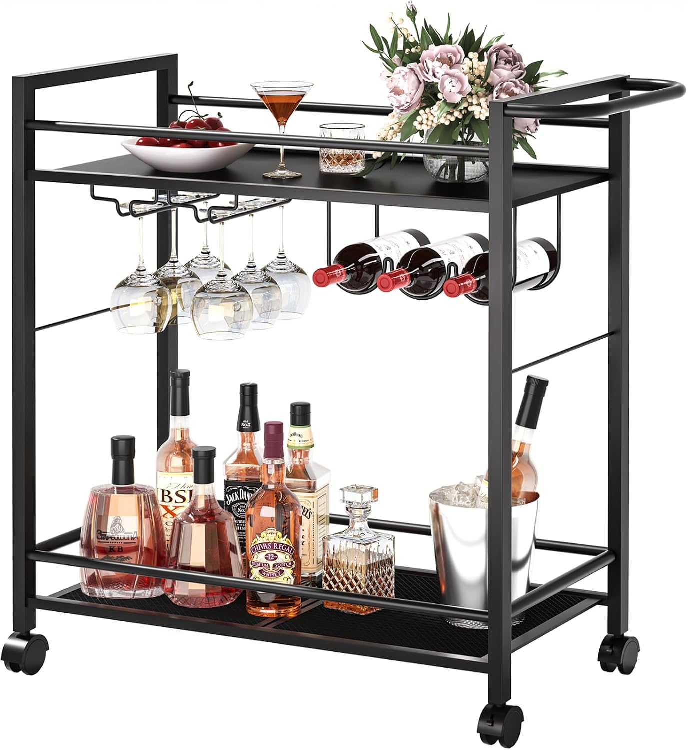 Black 2-Tier Rolling Bar Serving Cart