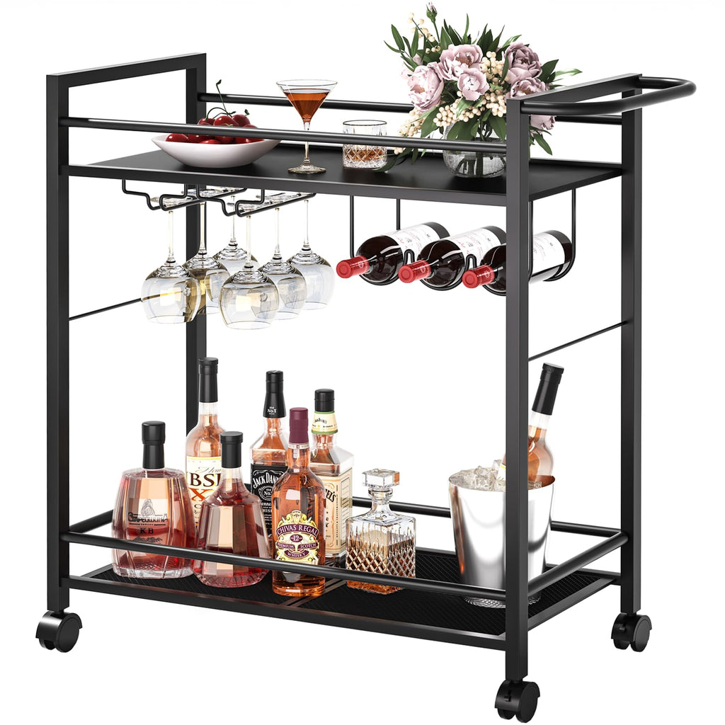 Black 2-Tier Rolling Bar Serving Cart