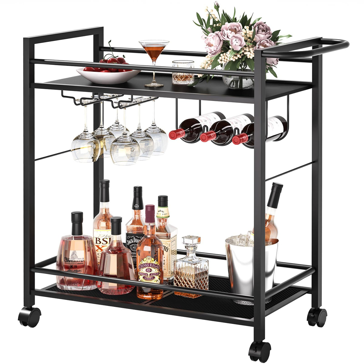 Black 2-Tier Rolling Bar Serving Cart
