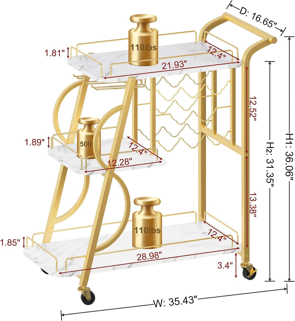 Gold Marbleized 3-Tier Bar Cart