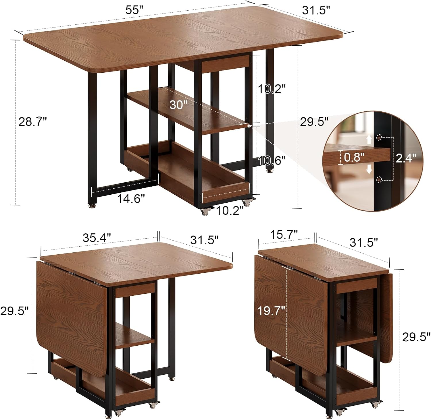 Walnut Wheeled Extendable Dining Table