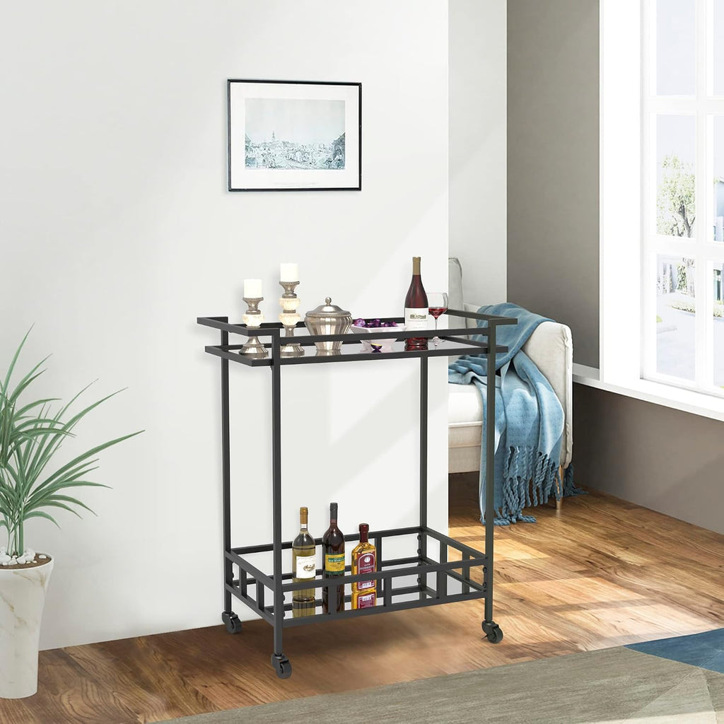 Black Glass Rolling Wine Bar Cart