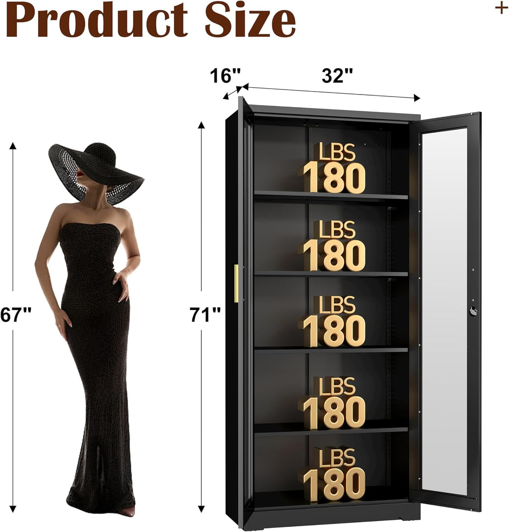 Black Lockable Metal Glass Cabinet