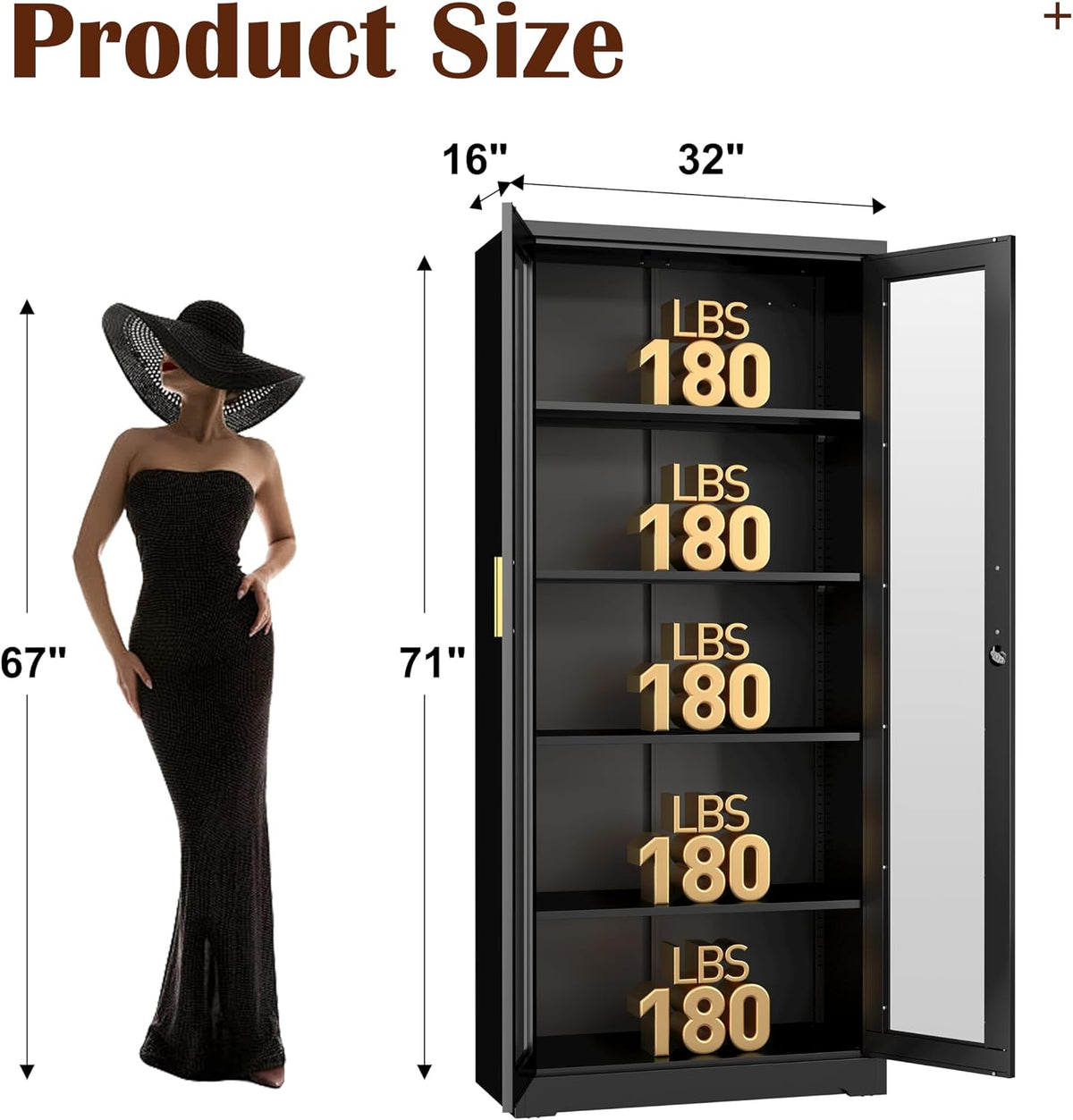 Black Lockable Metal Glass Cabinet