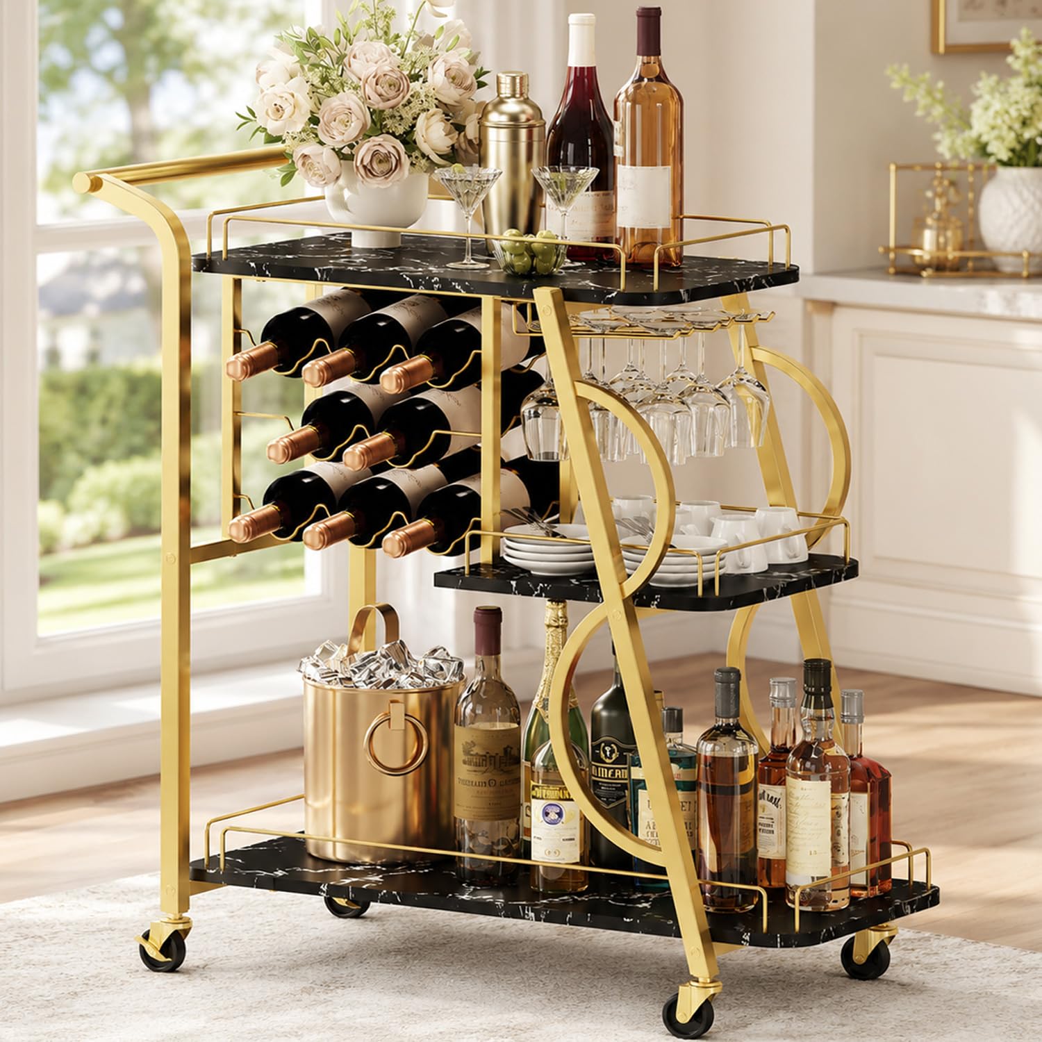 Gold Marbleized 3-Tier Bar Cart