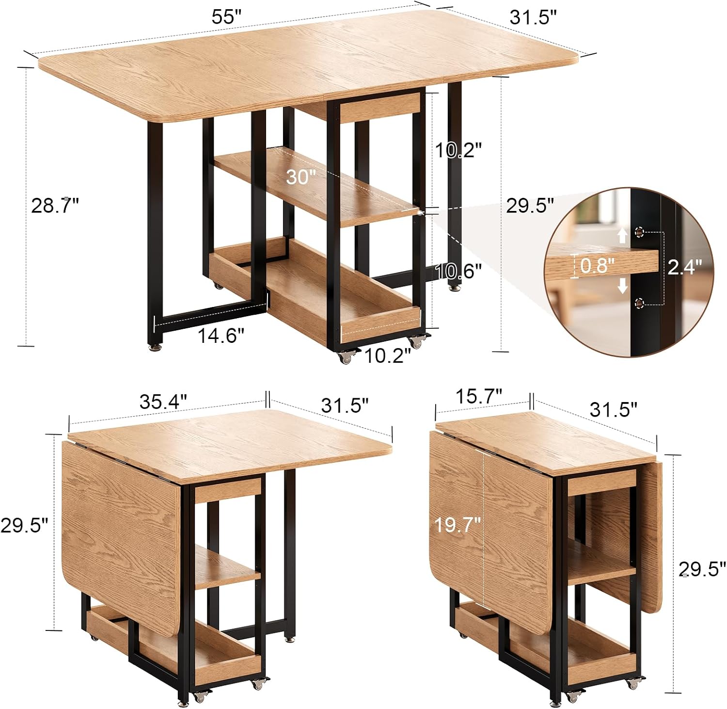 Natural Wheeled Extendable Dining Table