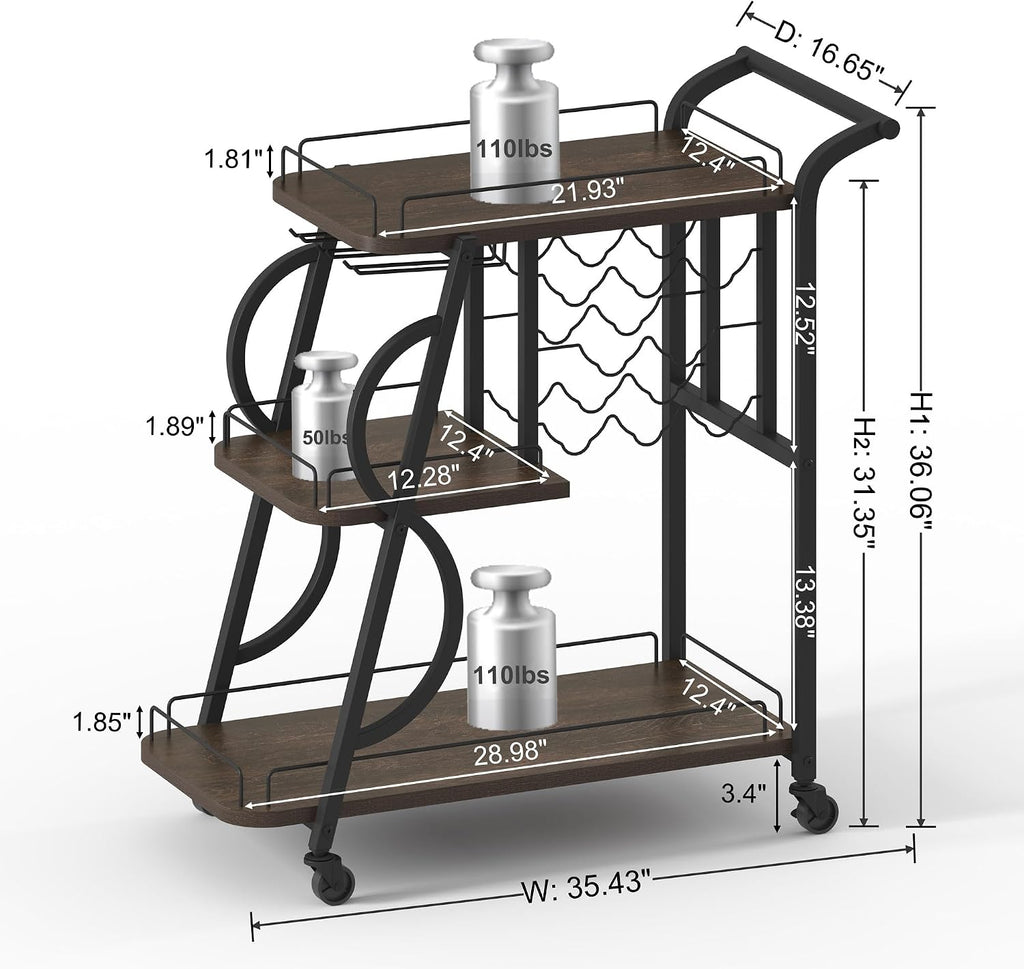 Walnut 3-Tier Rolling Home Bar Cart