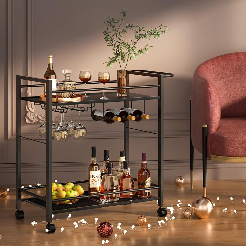Black 2-Tier Rolling Bar Serving Cart