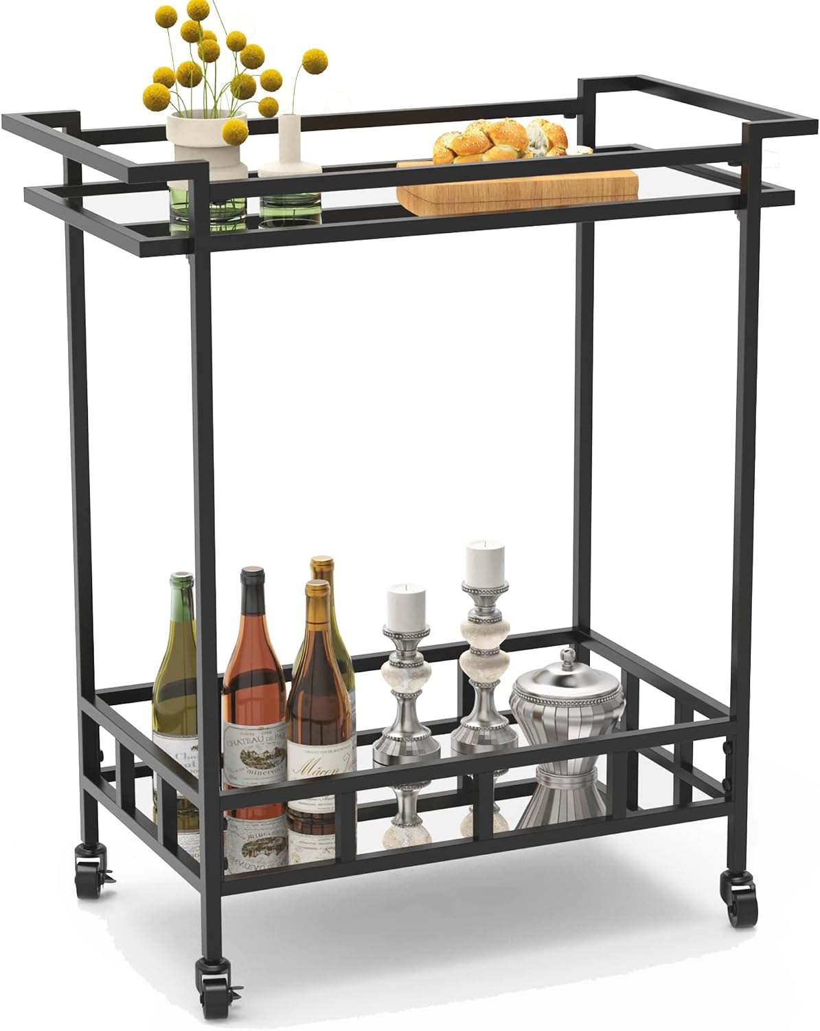 Black Glass Rolling Wine Bar Cart