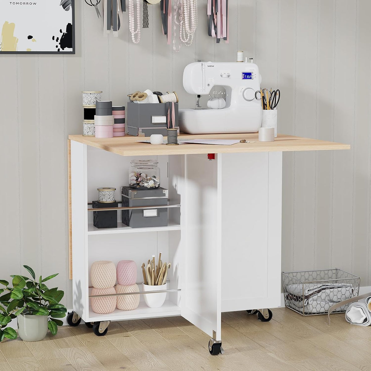 Light Brown Wheeled Storage Dining Table