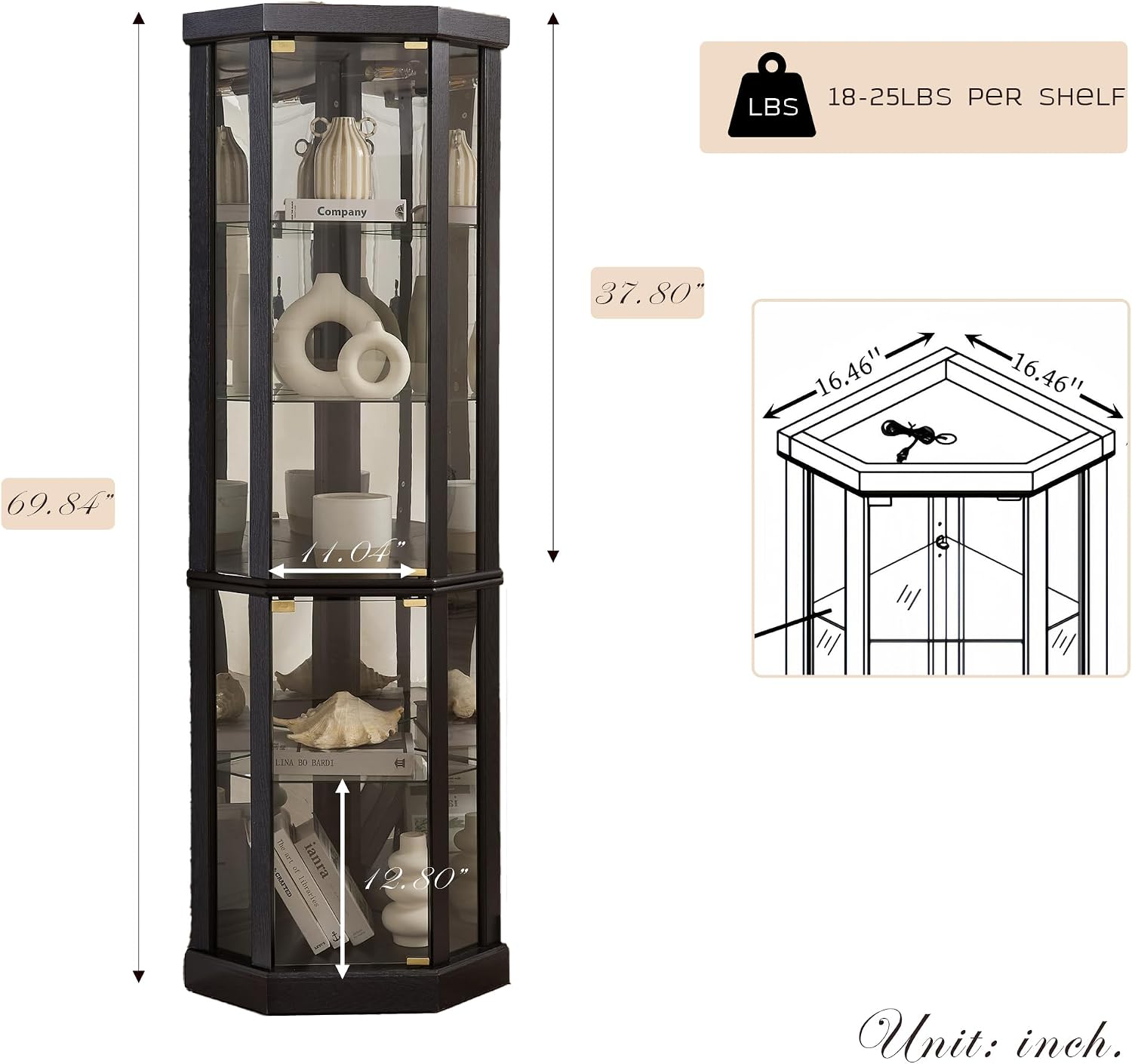 Black Lit Corner Glass Curio Cabinet