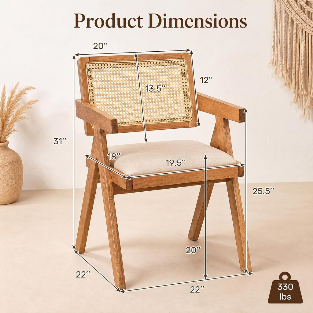 Wood Rattan Cushioned Arm Dining Chairs