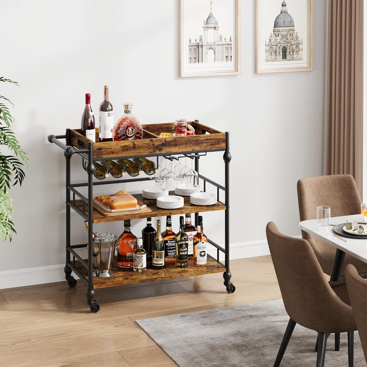 Brown 3-Tier Rolling Bar Cart