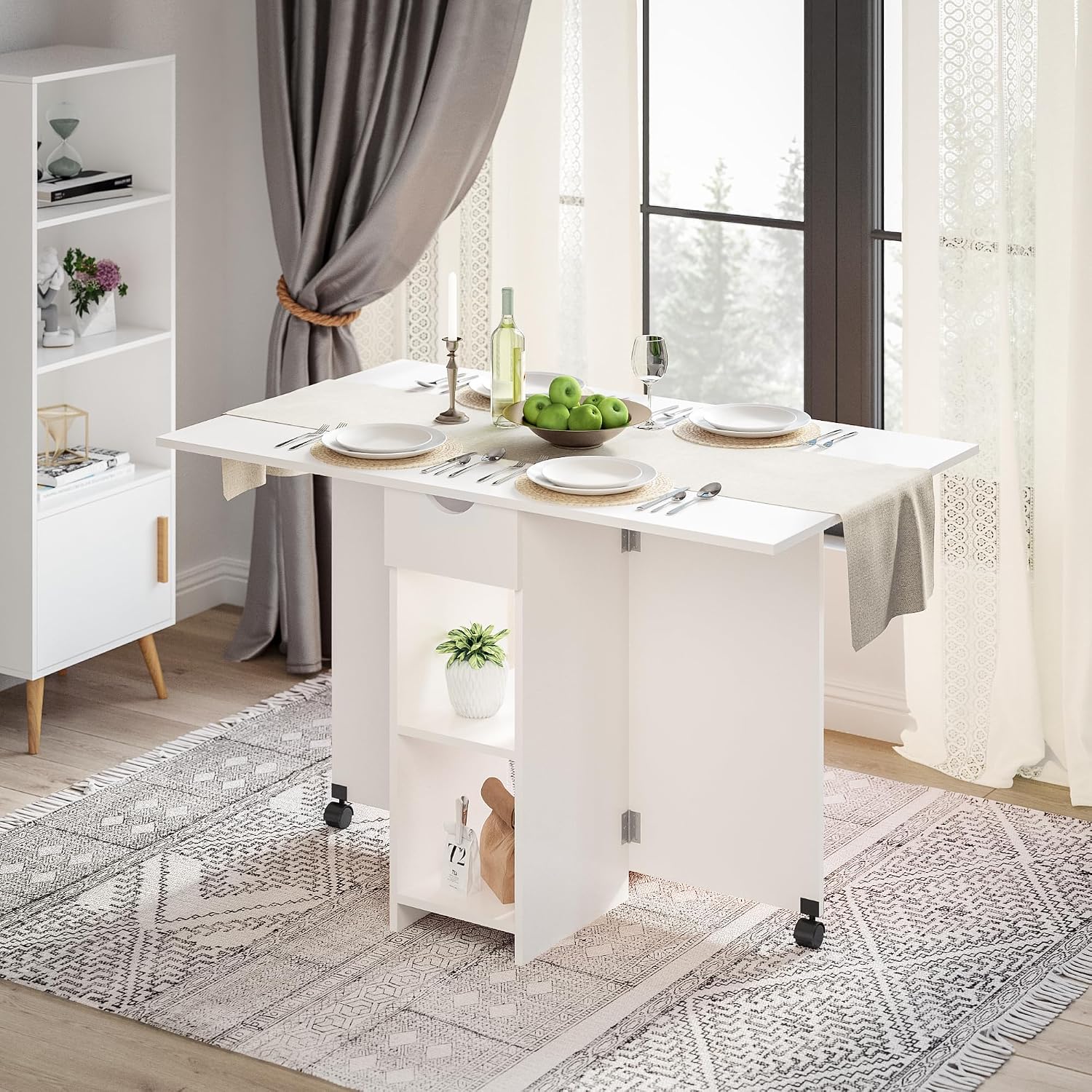 White Storage Drop Leaf Dining Table