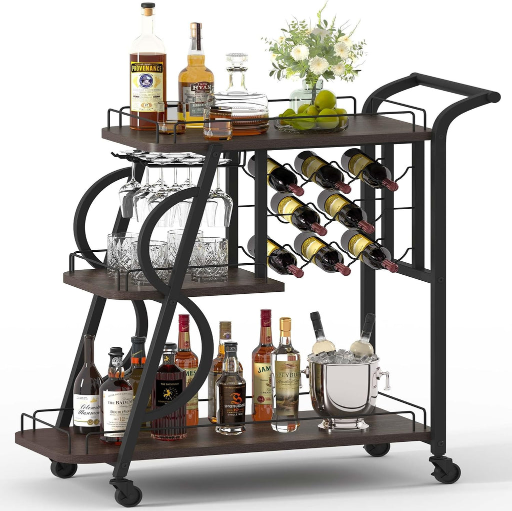 Walnut 3-Tier Rolling Home Bar Cart
