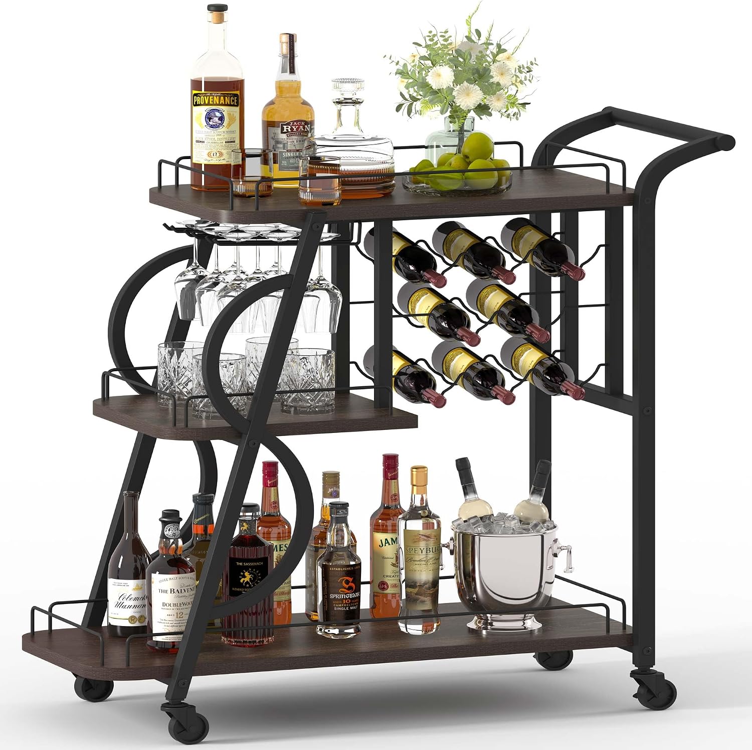 Walnut 3-Tier Rolling Home Bar Cart
