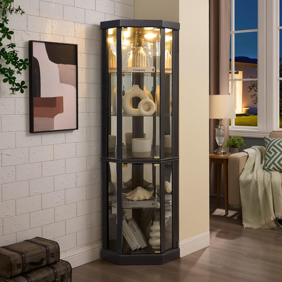 Black Lit Corner Glass Curio Cabinet
