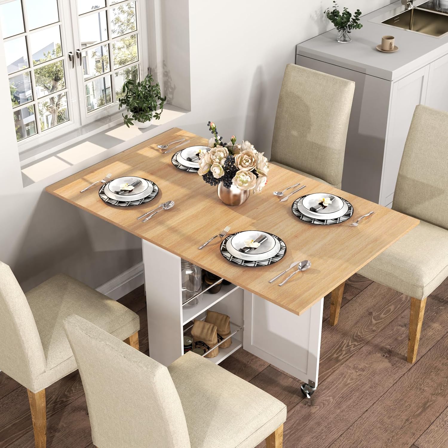 Light Brown Wheeled Storage Dining Table