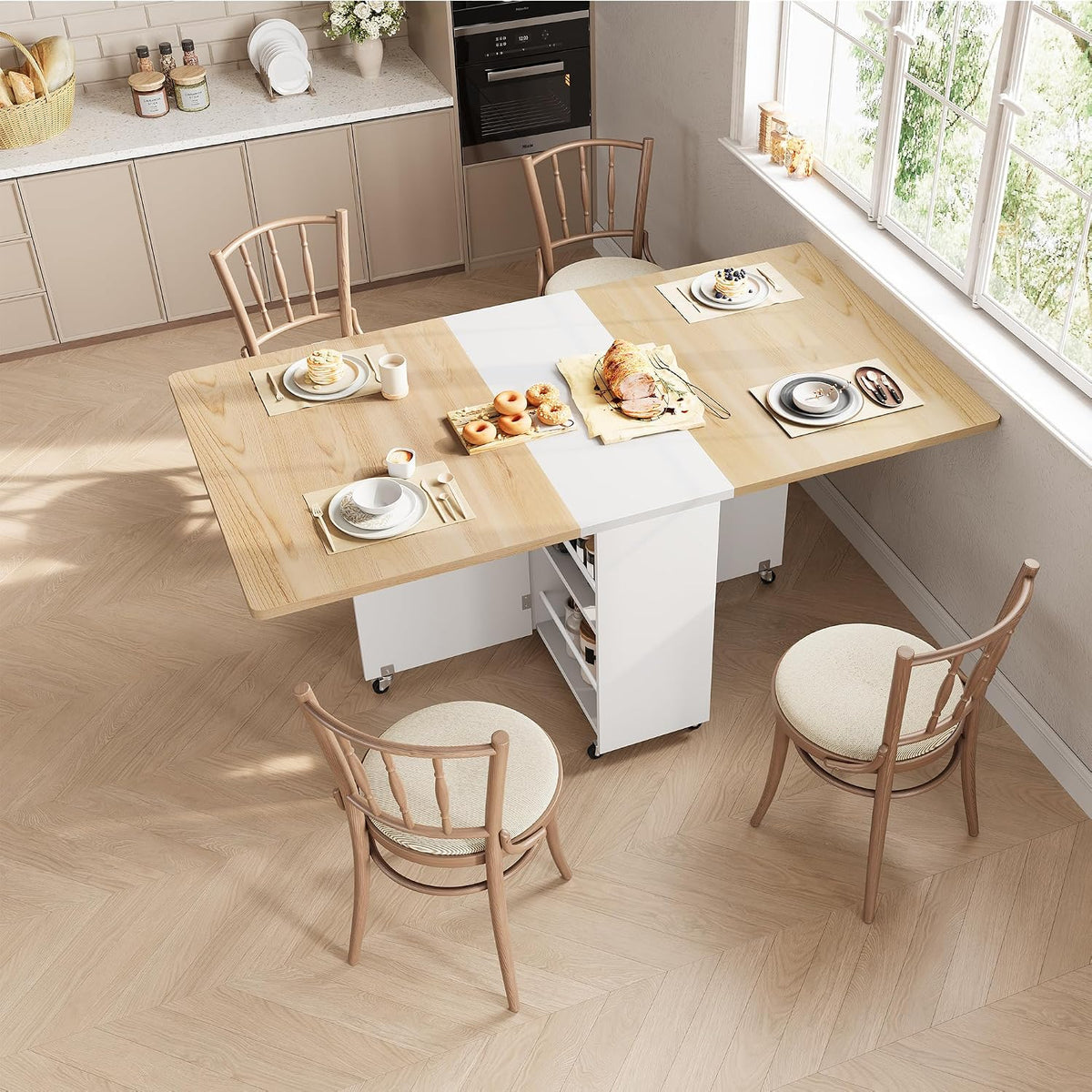 Natural Wheeled Storage Dining Table