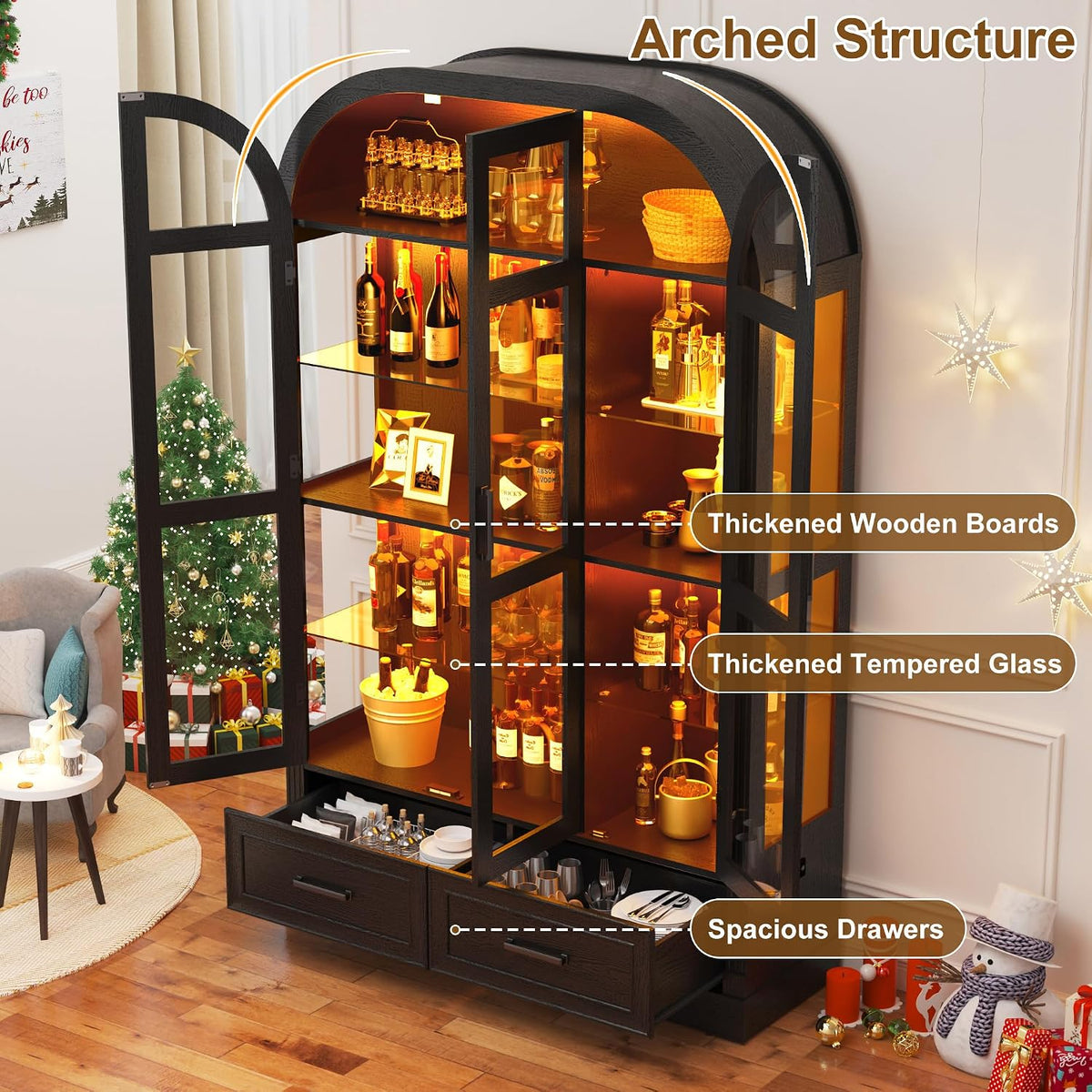 Black Lit Arched Glass Display Cabinet