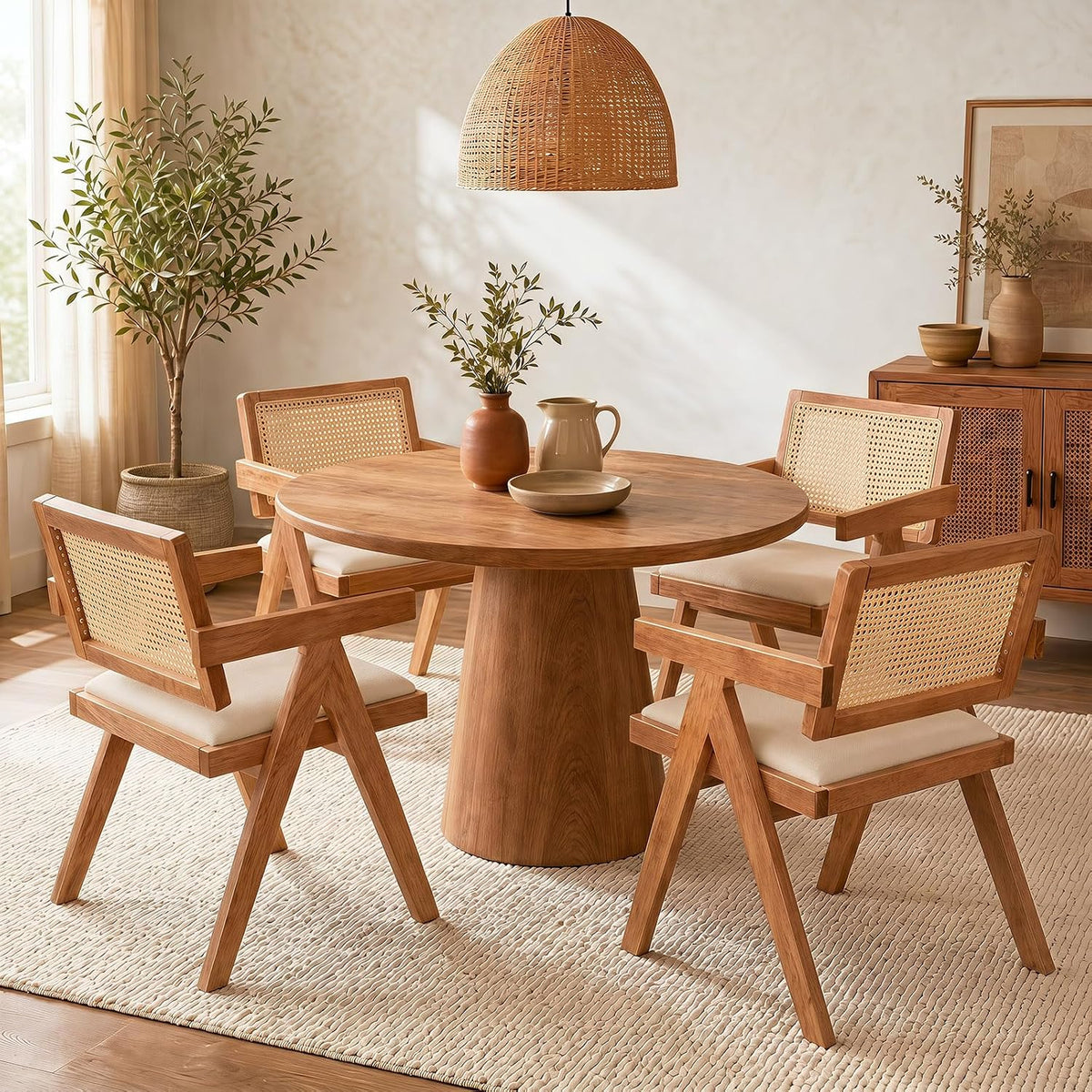 Wood Rattan Cushioned Arm Dining Chairs
