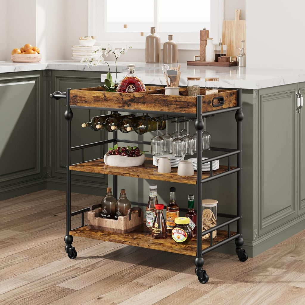 Brown 3-Tier Rolling Bar Cart