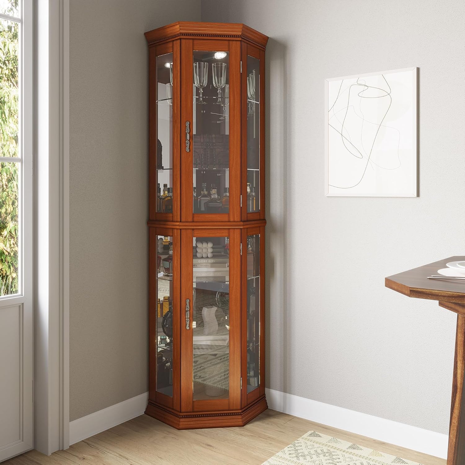 Lit Three-Side Glass Corner Cabinet
