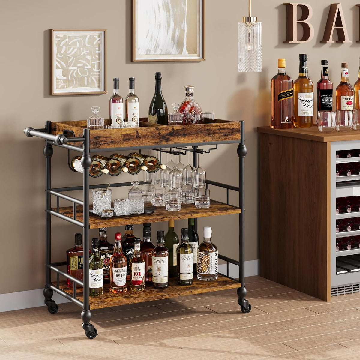 Brown 3-Tier Rolling Bar Cart