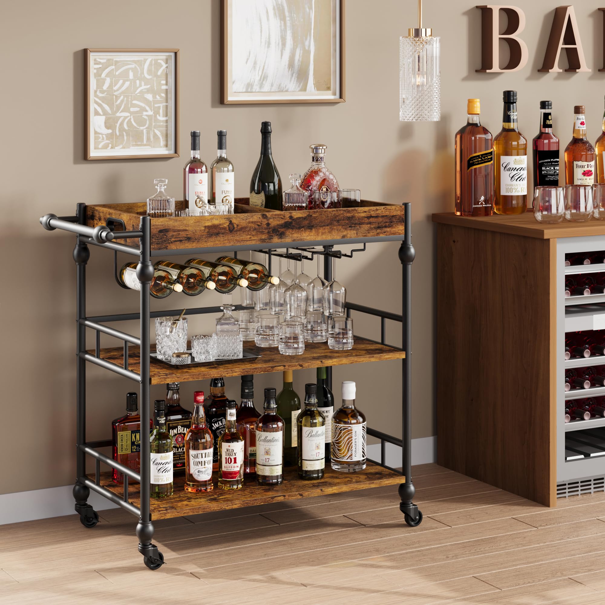 Brown 3-Tier Rolling Bar Cart