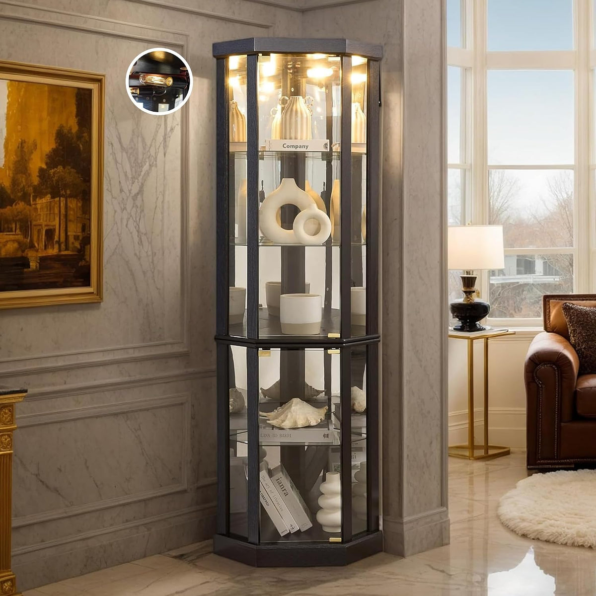 Black Lit Corner Glass Curio Cabinet